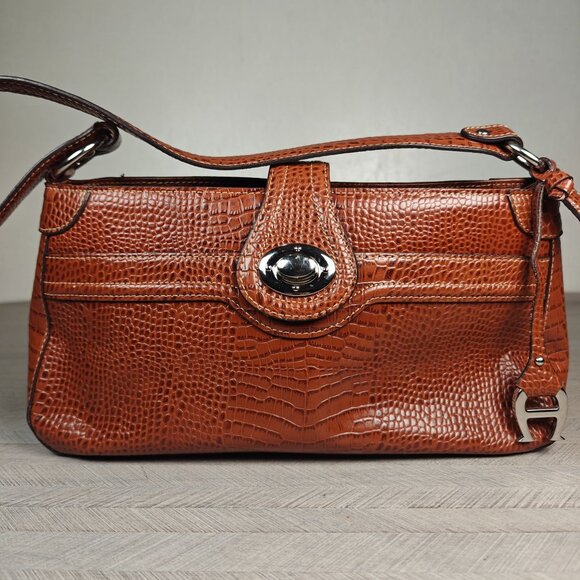 Vintage Etienne Aigner Brown Croc Embossed Leather Shoulder Bag Turn Lock - Picture 2 of 10